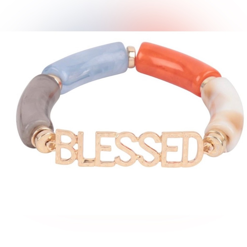 “Blessed” statement bracelet in resin. Multicolor, stretch.